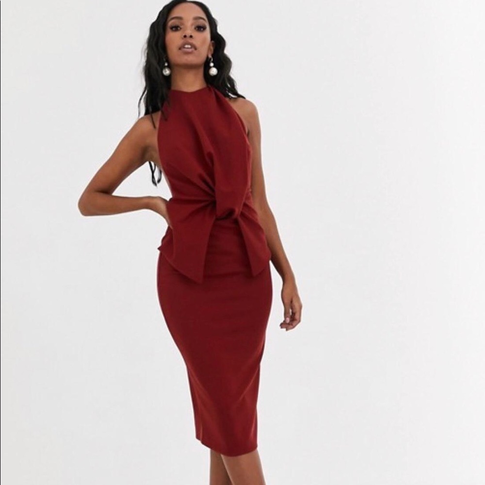 high neck backless pencil midi dress